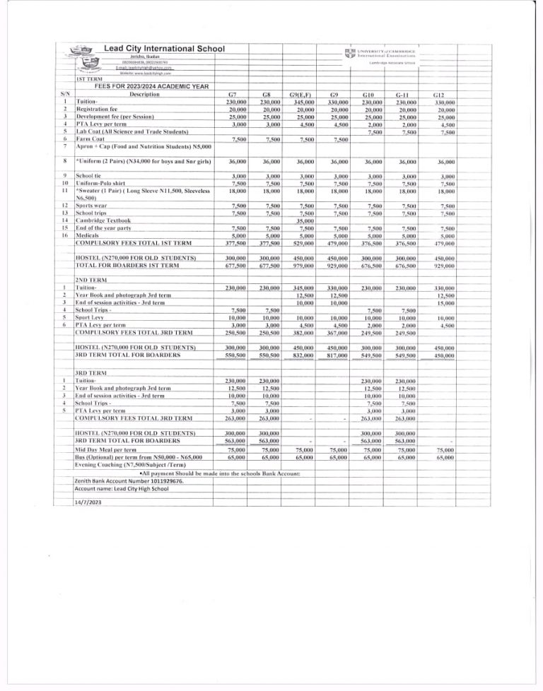 Fees – Lead City International School Jericho, Ibadan,
