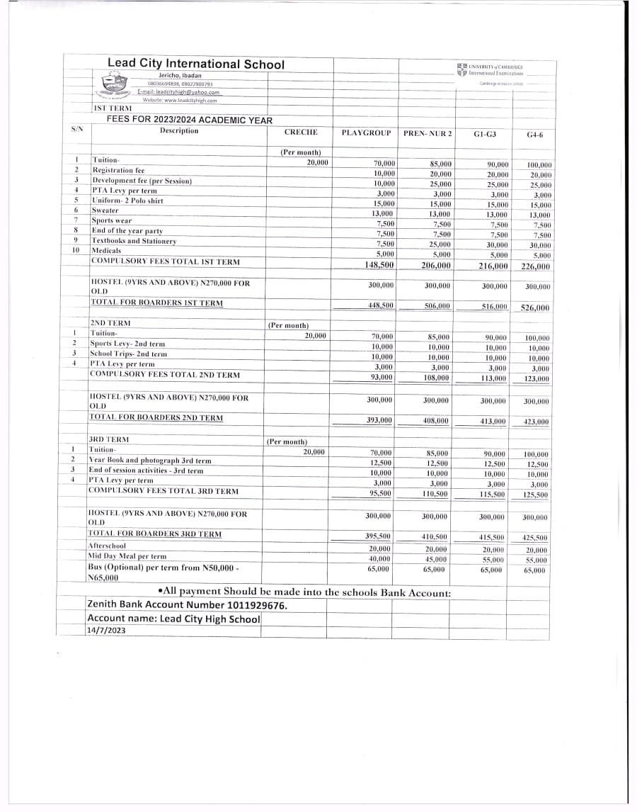 Fees – Lead City International School Jericho, Ibadan,